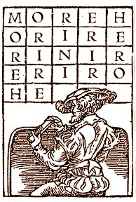Renaissance man drawing a magic square as in German Abramelin
